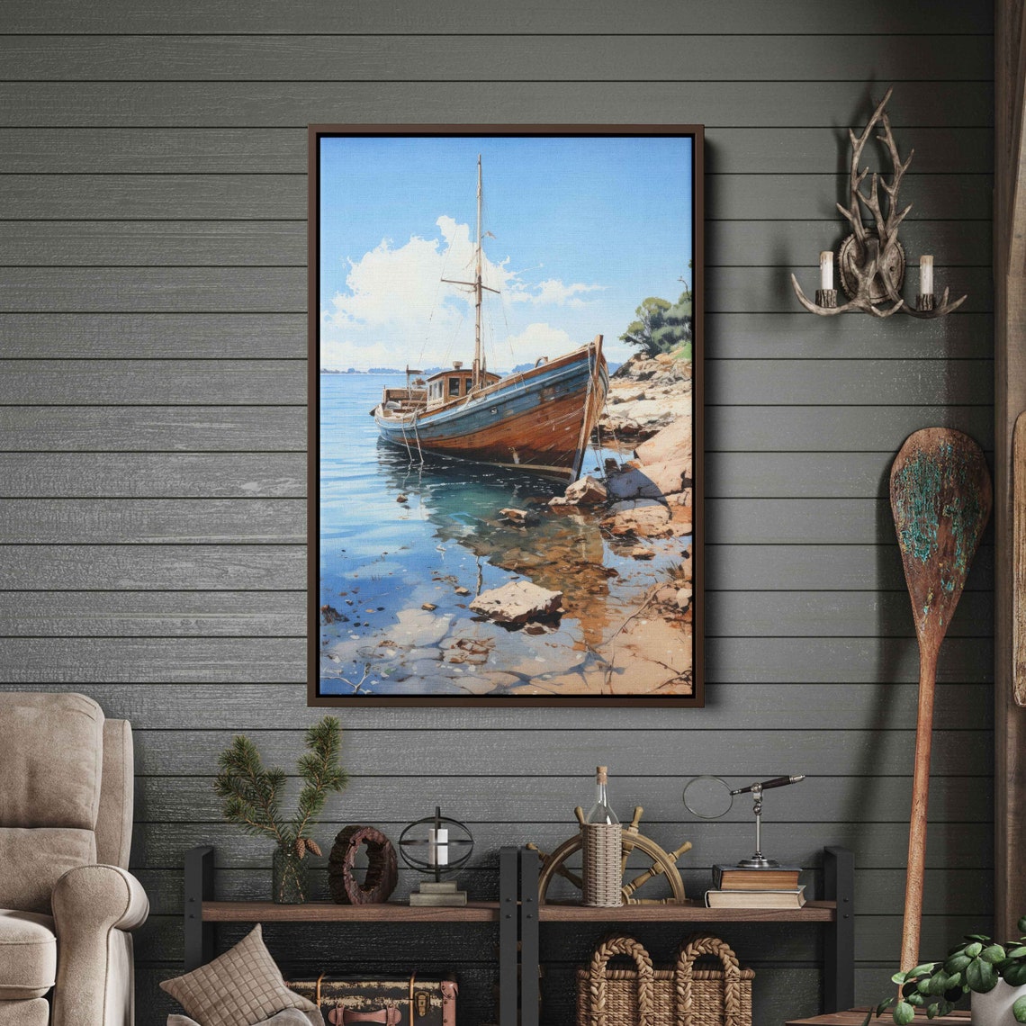 Old Vintage Wooden Sailboat Rocky Shore Calm Blue Water Poster