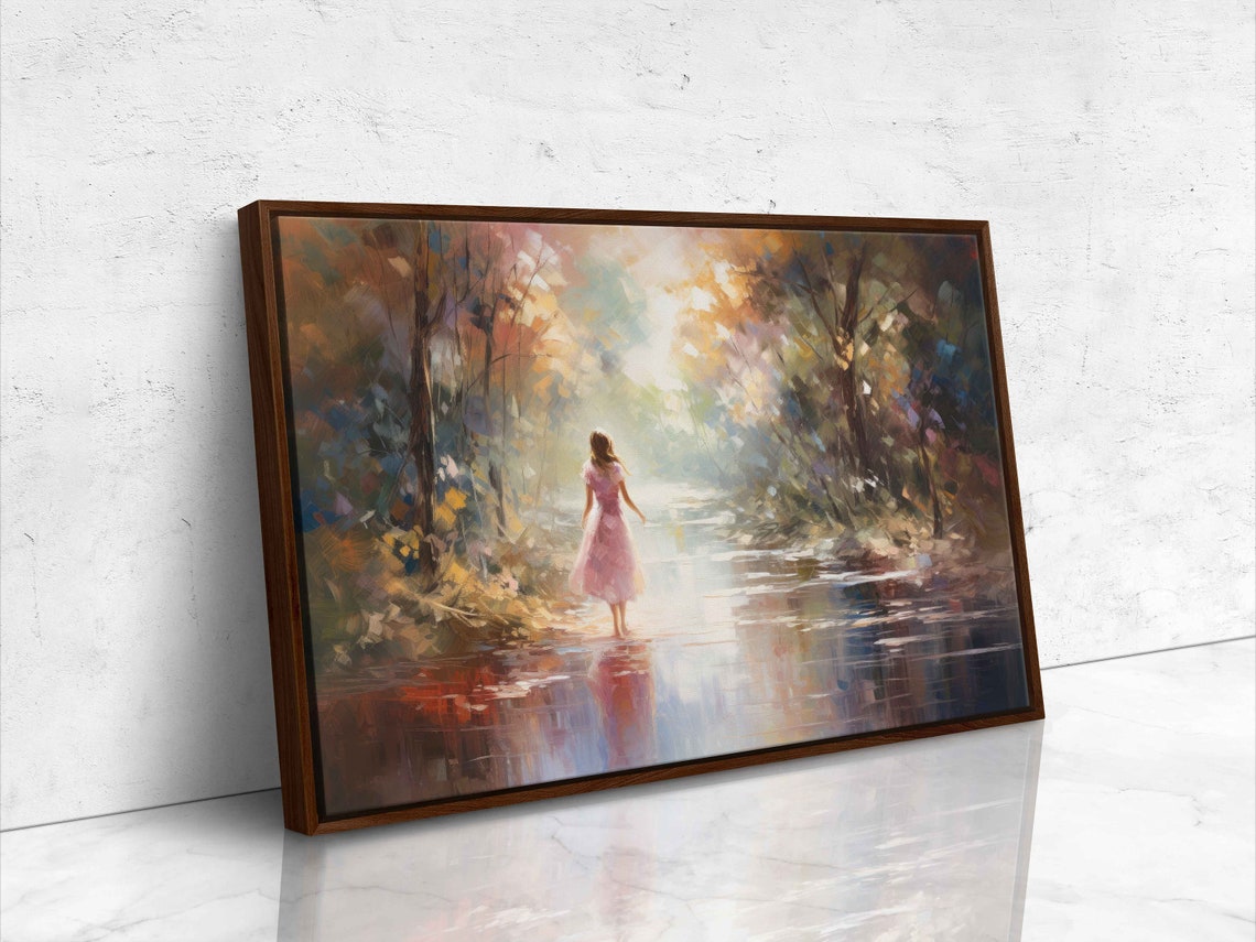 Girl in Pink Dress Walking Forest River Impressionist Art Poster - Image 4