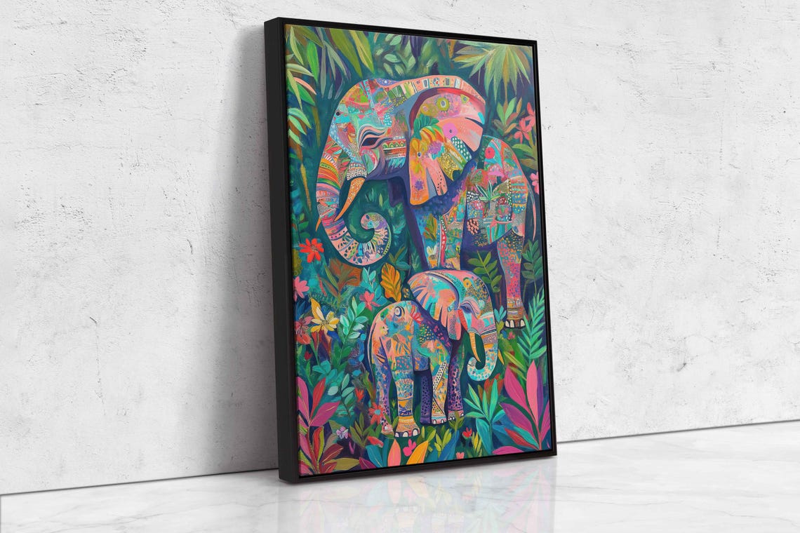 Colorful Patterned Elephants Whimsical Jungle Playful Family Wall Art - Image 4