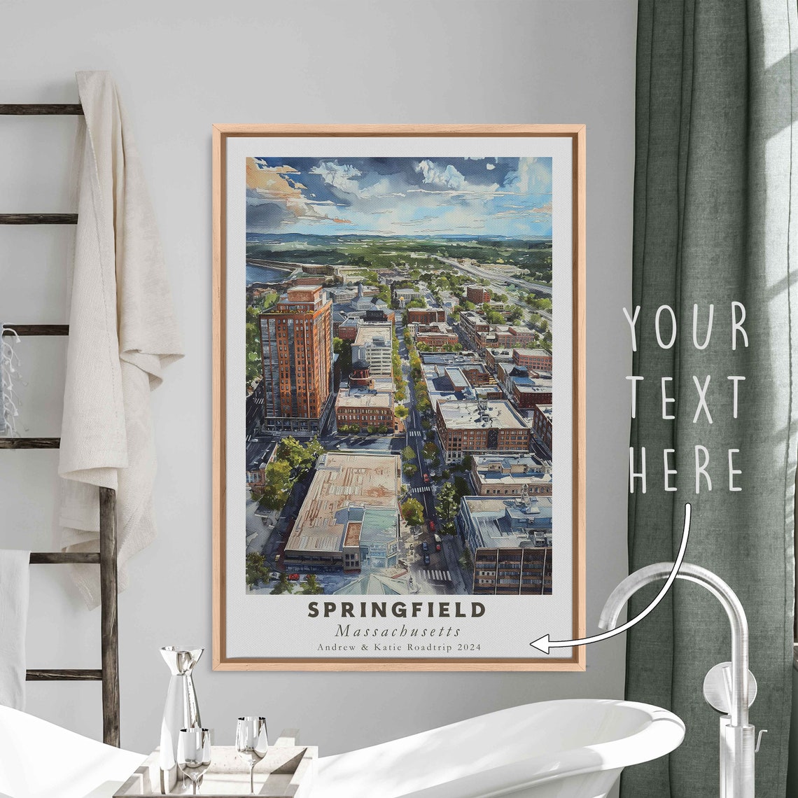 Springfield Massachusetts Watercolor Downtown Aerial Skyline Poster - Image 3