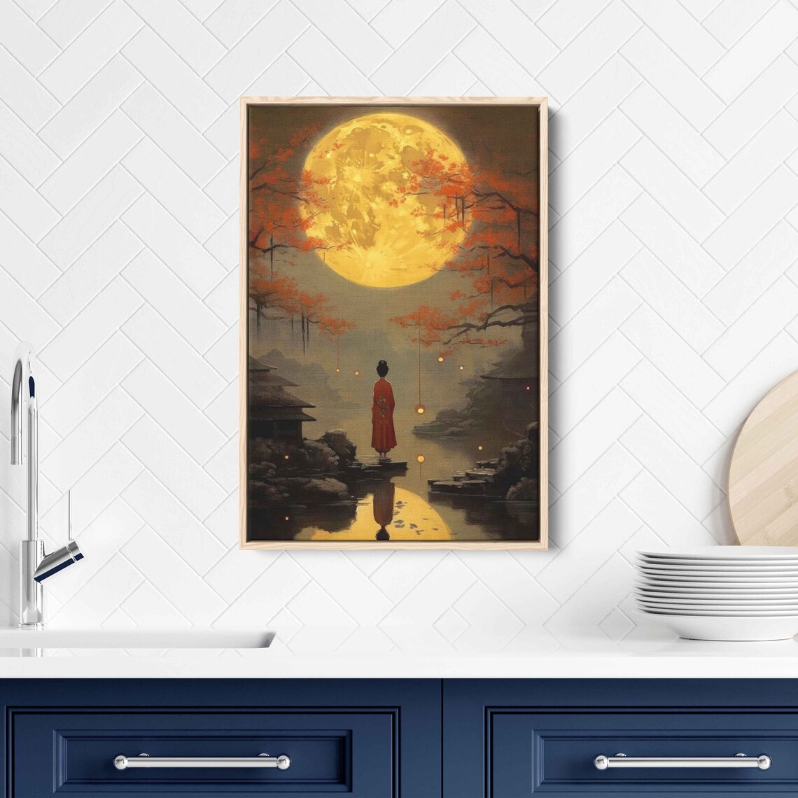 Kimono Figure Golden Moon Autumn Lake Vintage Japanese Oil Art Print - Image 3