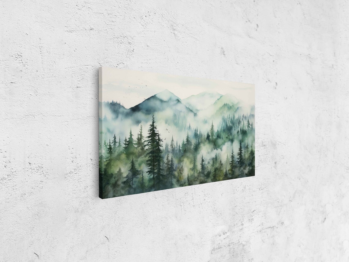 Foggy Green Mountains Pine Forest Watercolor Misty Peaks Poster - Image 4