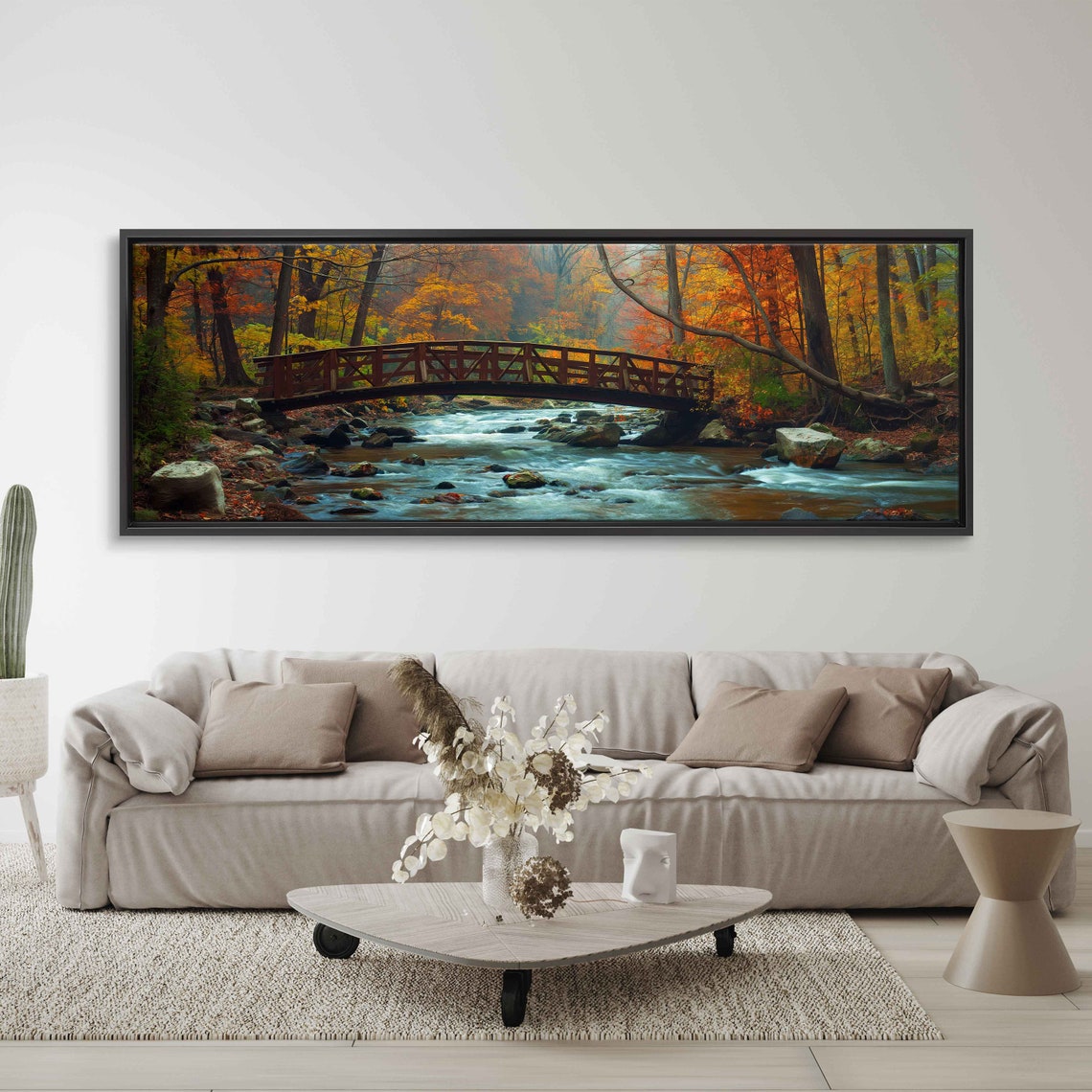 Autumn Forest River Wooden Bridge Fall Foliage Panoramic Poster - Image 3