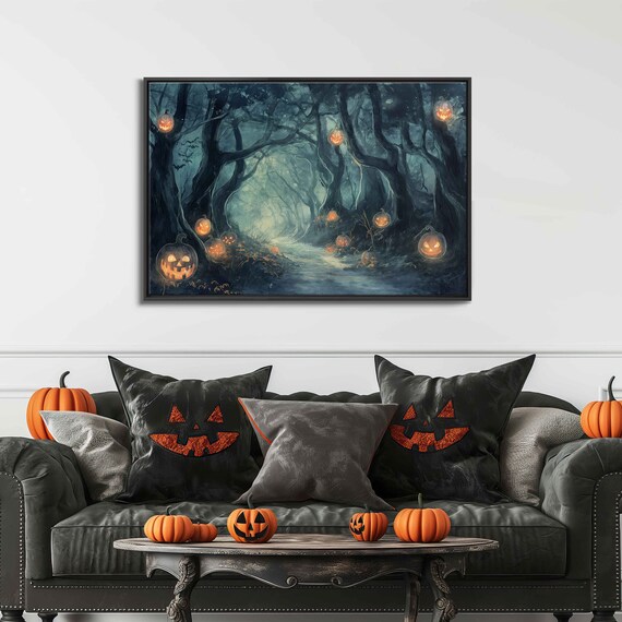 Moonlit Forest Path Lined With Glowing Jack O Lanterns Watercolor Wall Art