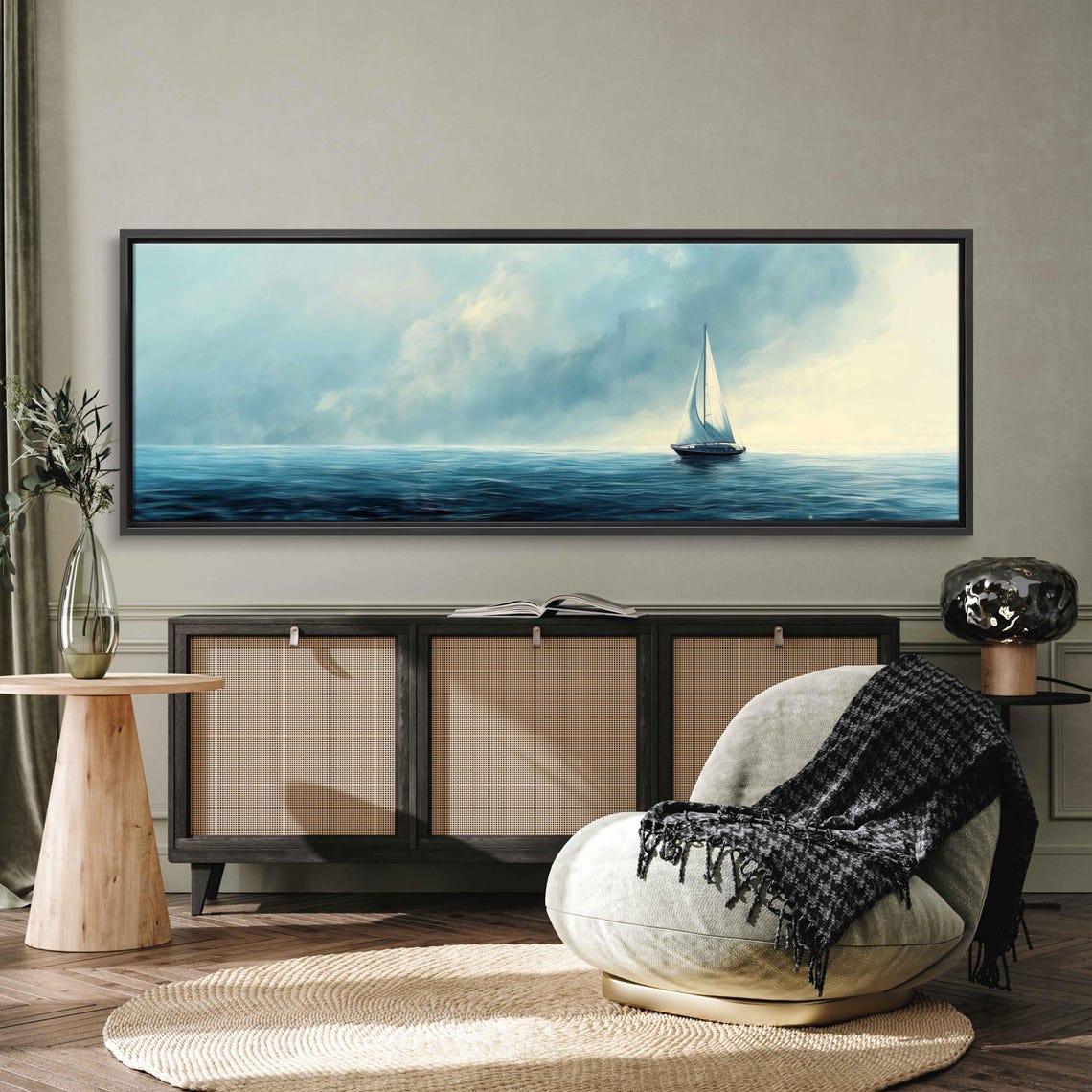 Tiny Sailboat On Vast Calm Sea Under Soft Hazy Morning Light Poster