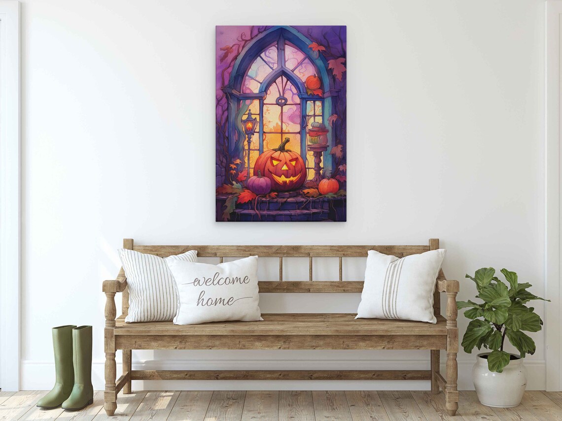 Halloween Gothic Window Jack O Lantern Purple Night Spooky Watercolor Poster - Image 3