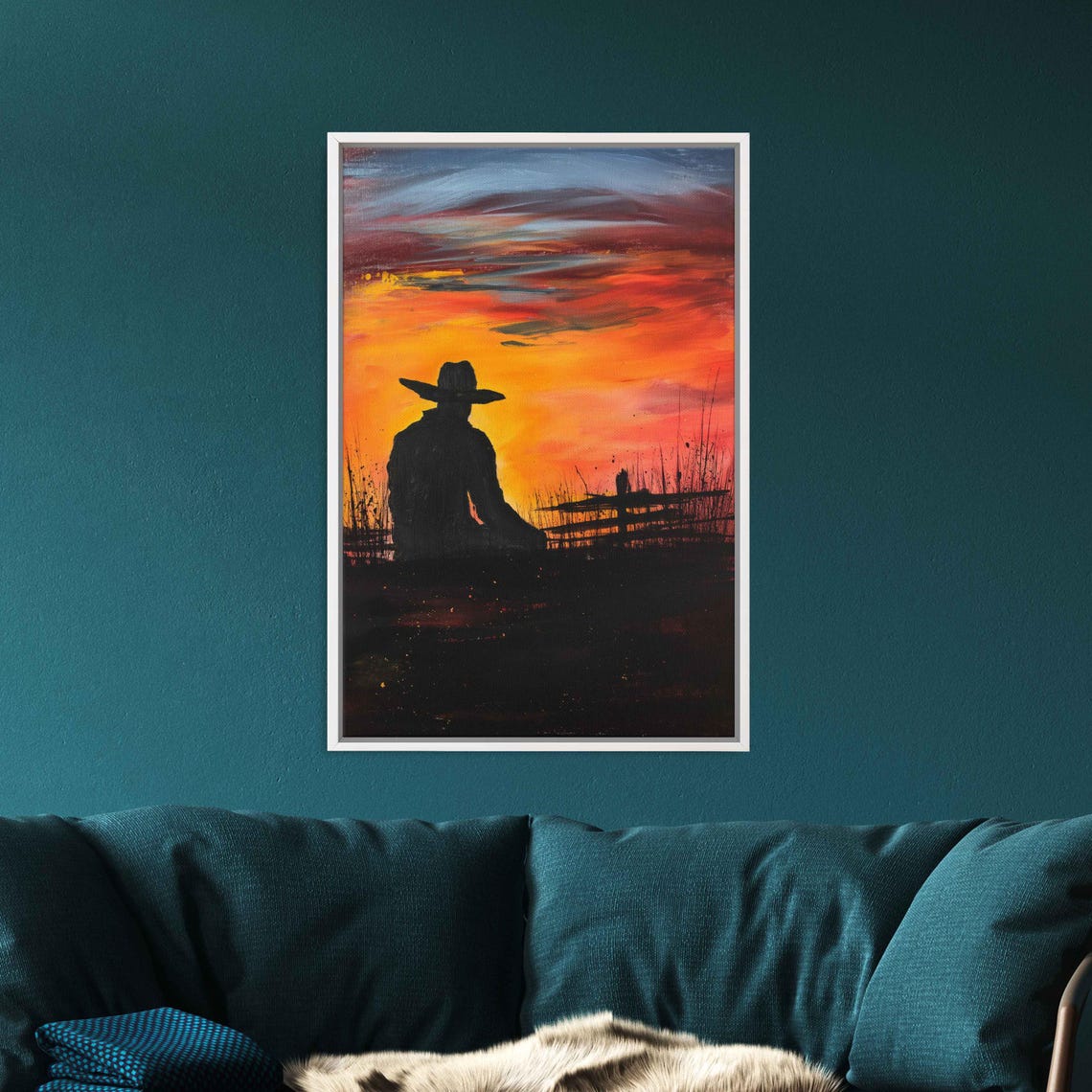 Cowboy Silhouette Watching Sunset Fiery Orange Western Poster