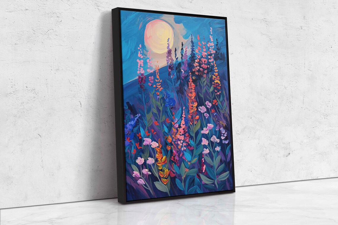 Wildflower Field Full Moon Starry Night Vibrant Floral Meadow Art Poster - Image 4