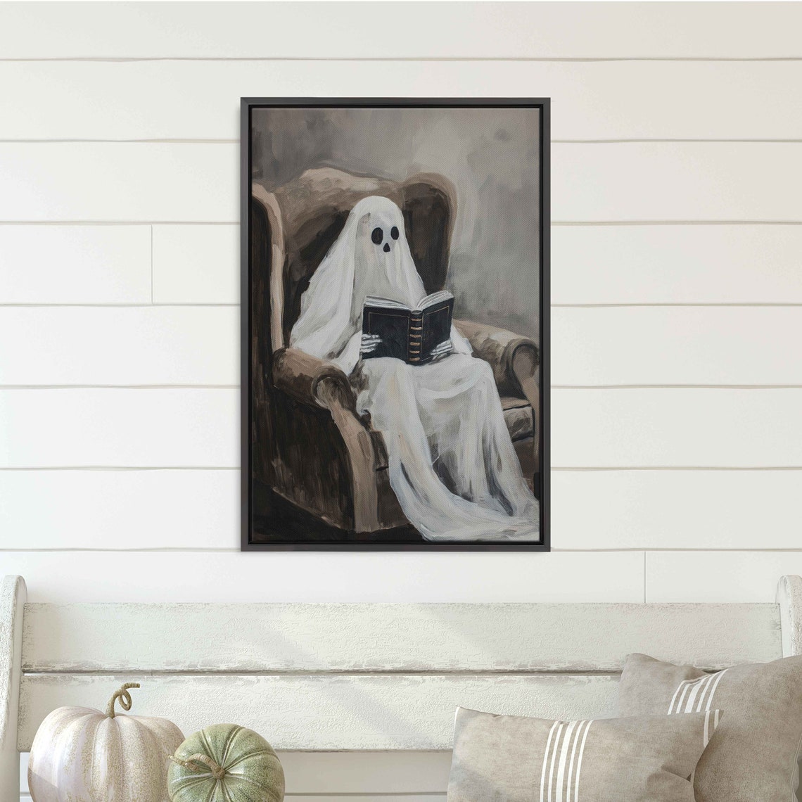 Ghost Reading Book In Cozy Armchair Cute Spooky Acrylic Wall Art