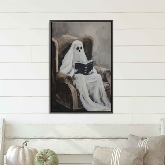 Ghost Reading Book In Cozy Armchair Cute Spooky Acrylic Wall Art