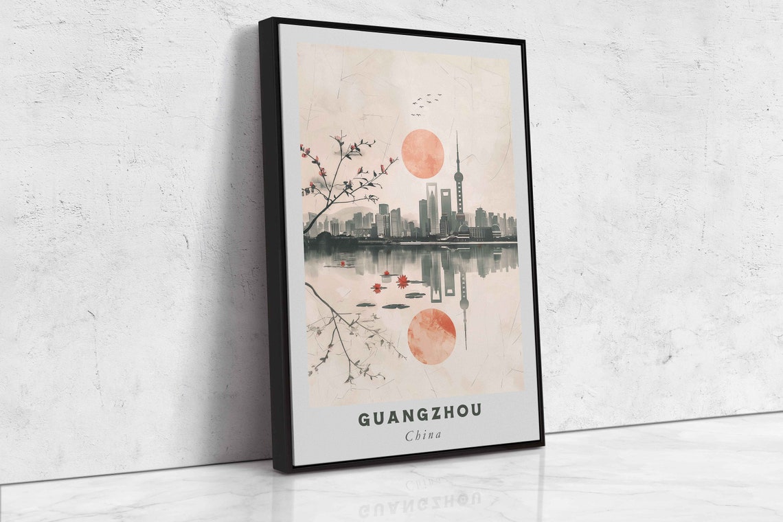 Guangzhou China Minimalist Skyline Watercolor Red Sun Wall Art Poster - Image 2