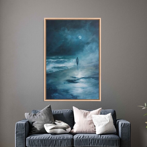 Lone Ghostly Figure On Moonlit Beach Foggy Night Ocean Wall Art
