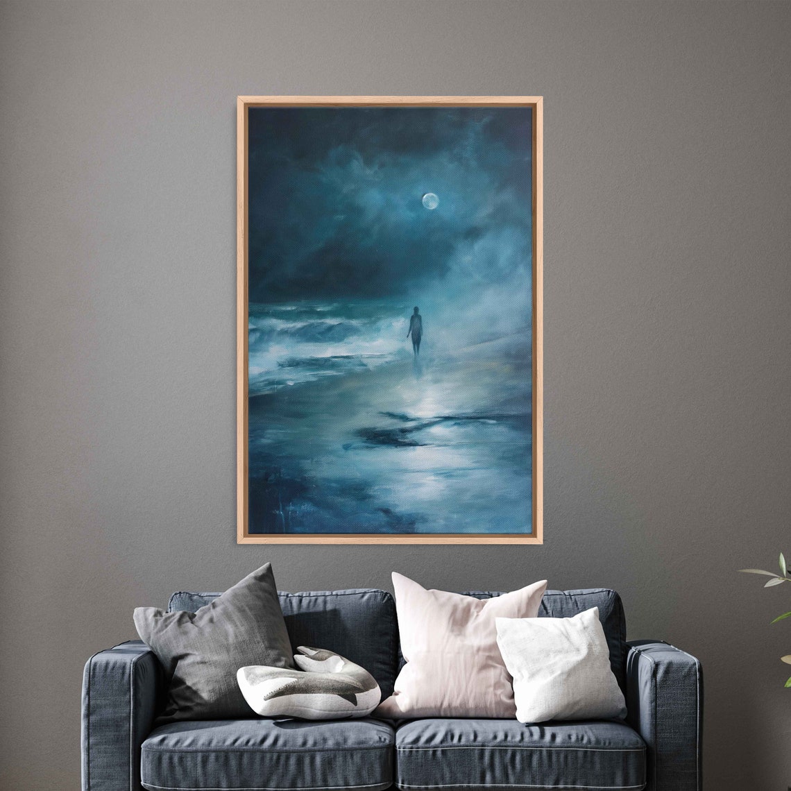 Lone Ghostly Figure On Moonlit Beach Foggy Night Ocean Wall Art
