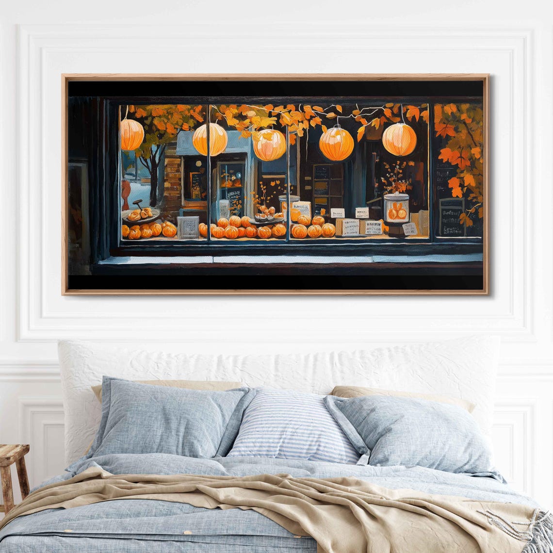 Cozy Coffee Shop Window With Pumpkin Lanterns At Night Art Print