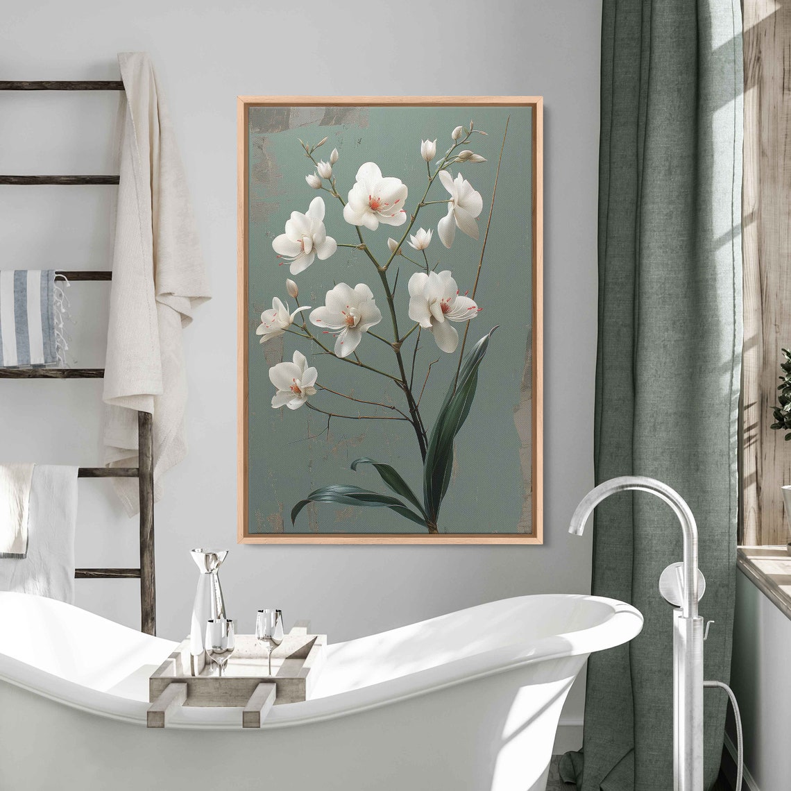 White Orchid Blooms Sage Green Vintage Botanical Elegant Floral Poster
