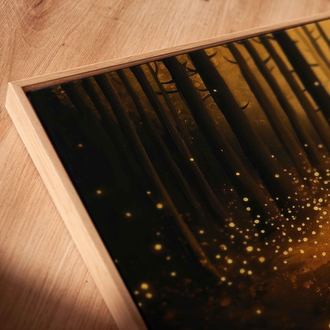 Mystical Forest With Fireflies Wall Art Print Golden Ambiance Fading Light Nature Scene - Image 2