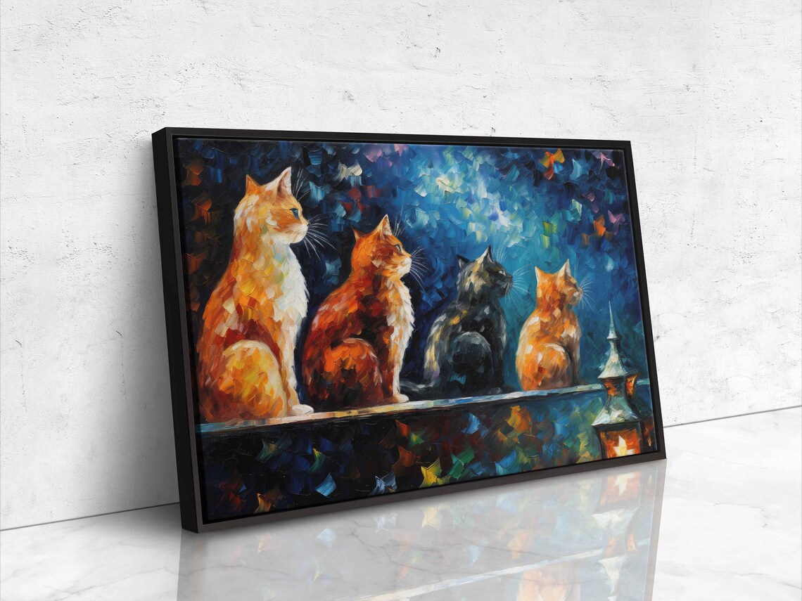 Four Stray Cats On Ledge Night City Lights Colorful Oil Painting Animal Poster - Image 4