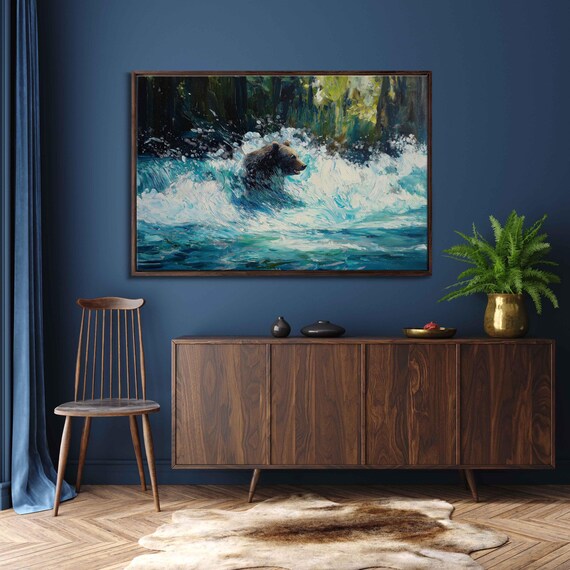 Grizzly Bear Fishing Expressive Oil Painting Rapids Dynamic Art Poster