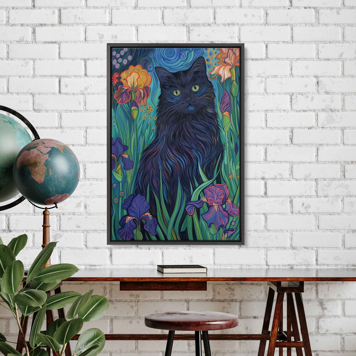 Black Cat Among Colorful Iris Flowers Van Gogh Style Whimsical Art Poster - Image 2