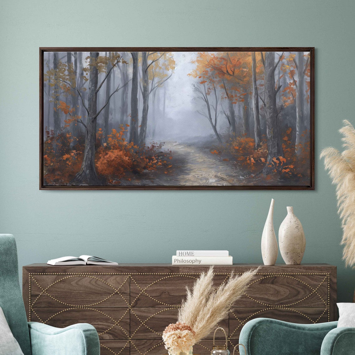 Foggy Woodland Path With Tall Grey Trees And Orange Underbrush Poster - Image 3