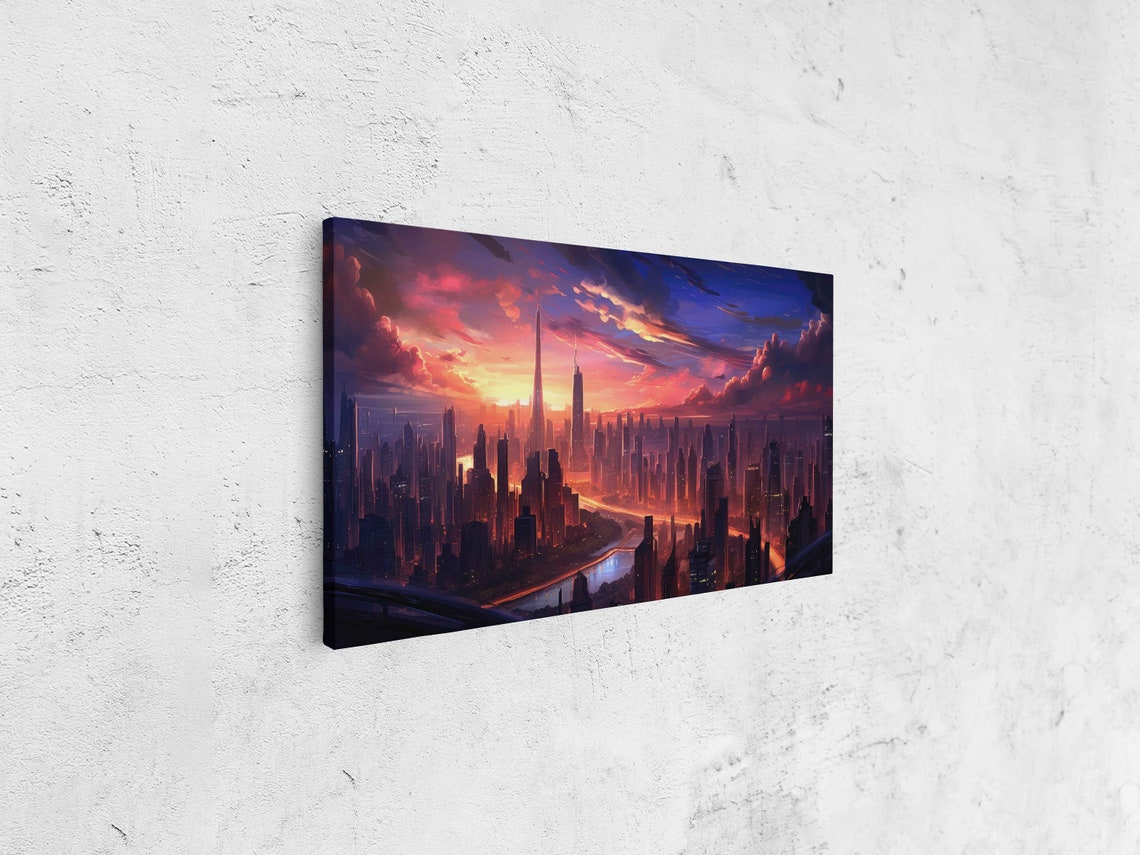 Neon City Skyline Sunset River Lights Vibrant Urban Night Poster - Image 4