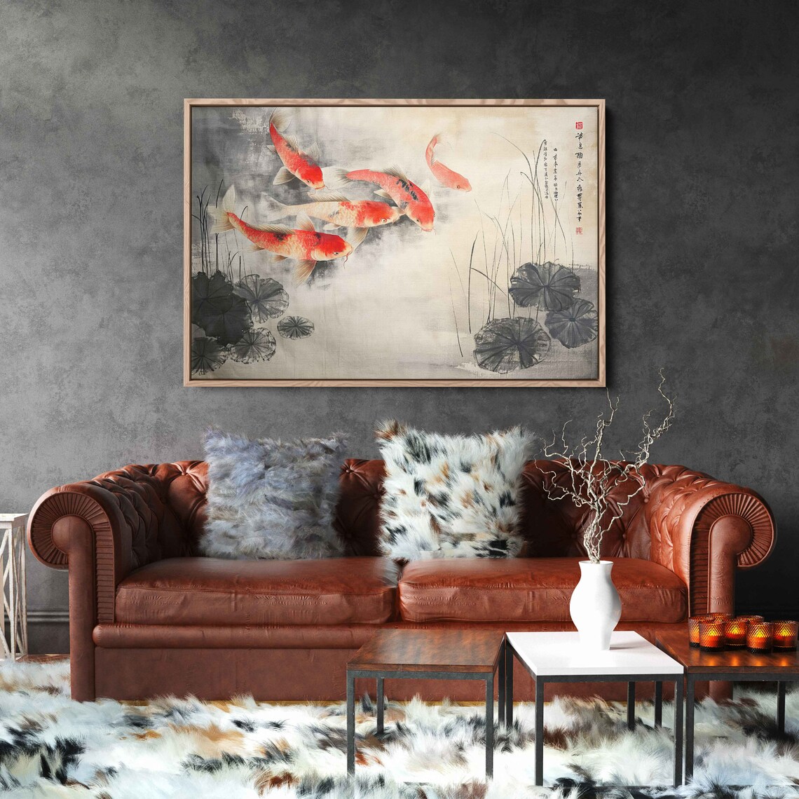 Koi Fish In Pond Traditional Asian Painting Framed Print Ready To Hang - Image 3