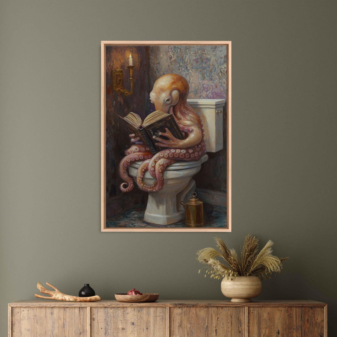 Whimsical Octopus Reading A Book On Toilet Candlelit Art Poster