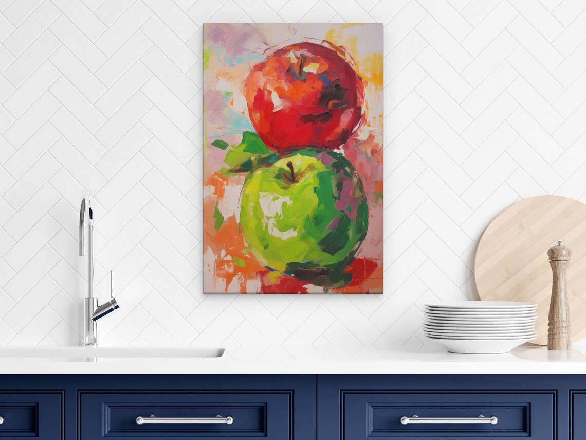 Apples Vintage Oil Painting Gouache Fruit Art Print On Ready To Hang Kitchen Decor - Image 3