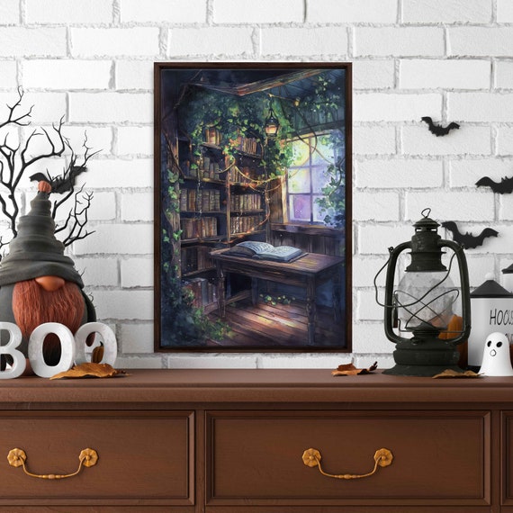 Whimsical Witches Magical Library With Open Spellbook Watercolor Wall Art Print Hanging Vines Ready To Hang
