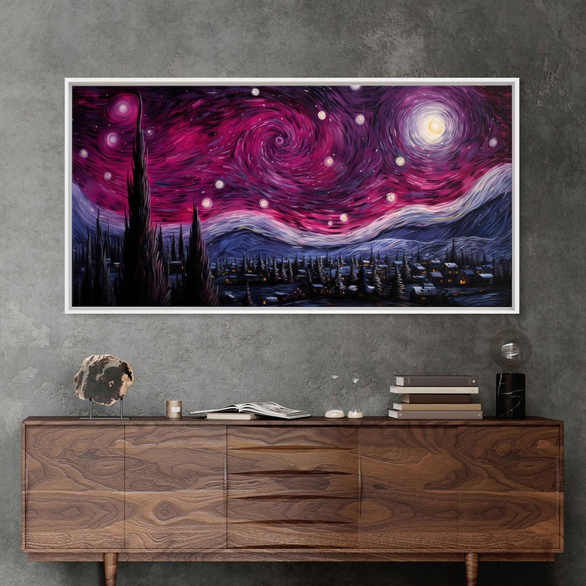 Pink Starry Night Van Gogh Inspired Impressionist Wall Art Print Peaceful Town Ready To Hang - Image 2