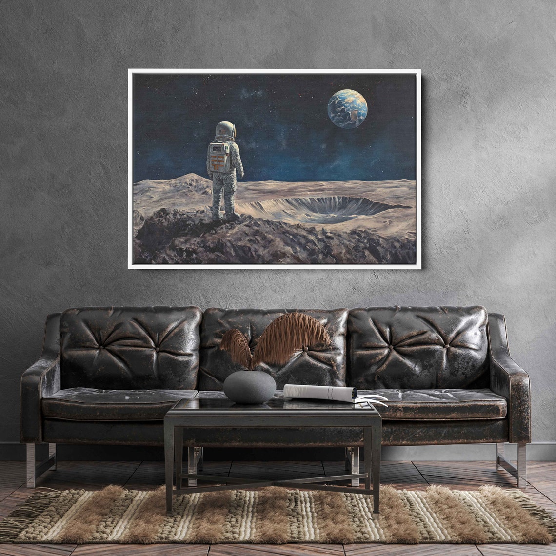 Astronaut On Moon Gazing Earth Crater Starry Night Space Art Poster