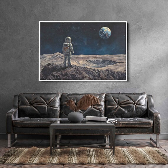 Astronaut On Moon Gazing Earth Crater Starry Night Space Art Poster