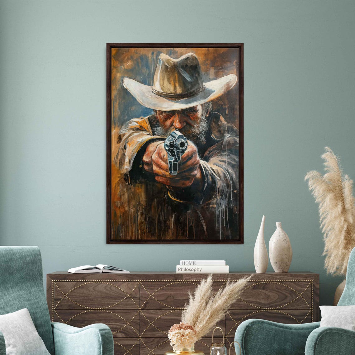 Cowboy Pointing Revolver Forward Blue Gray Western Action Poster - Image 3