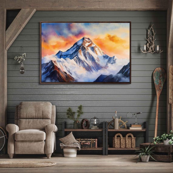 Mount Everest Watercolor Sunrise Wall Art Print Ethereal Clouds Rugged Terrain