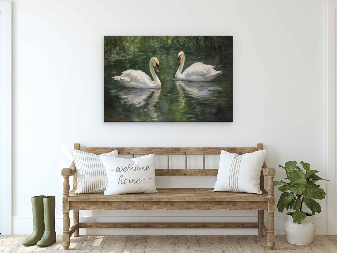Oil Painting of Two Swans Swimming in a Pond Art Print - Image 2