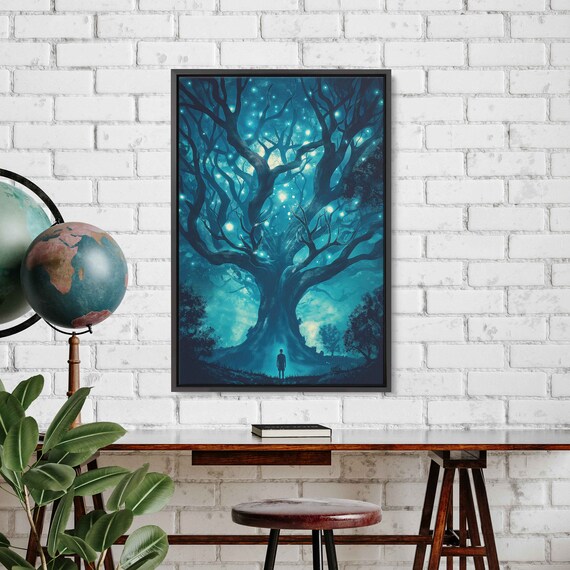 Huge Moonlit Tree With Antlers In Center Of Enchanted Forest Wall Art Print Fantasy Nature Art Ready To Hang