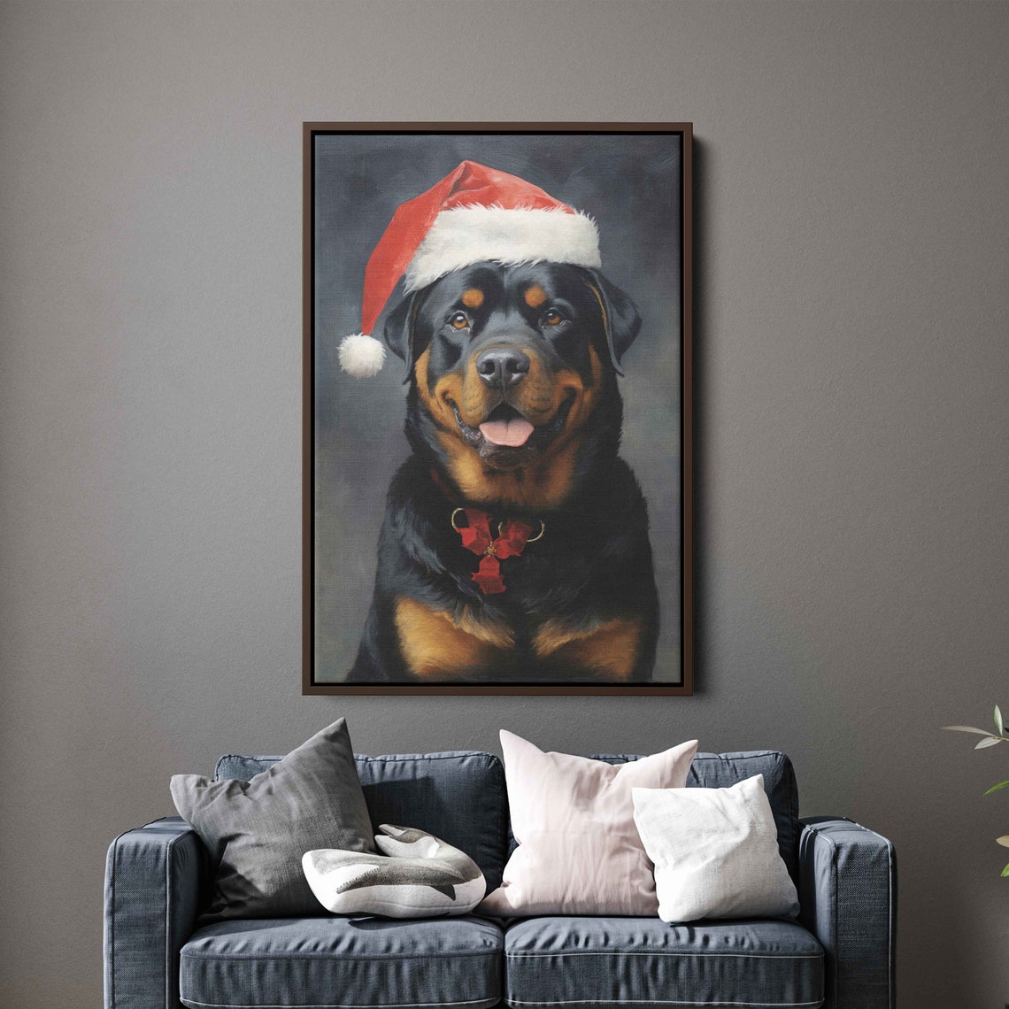 Smiling Rottweiler Santa Hat Red Bow Tie Christmas Portrait Poster - Image 4