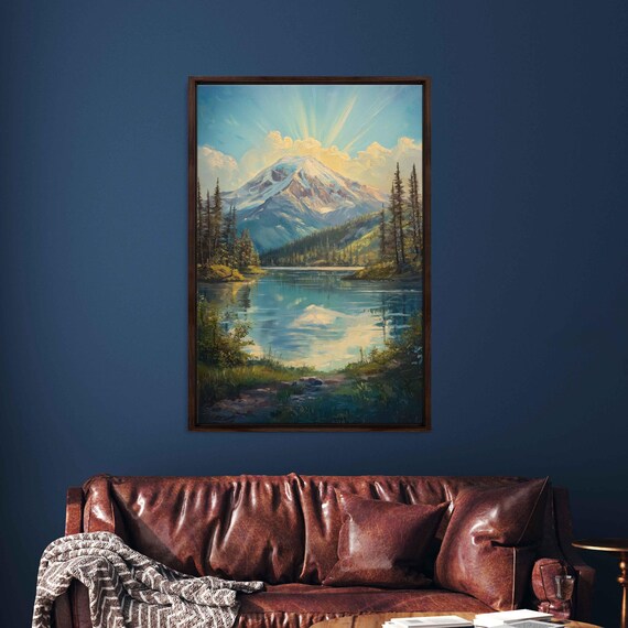 Majestic Denali Mountain Wall Art Print Oil Painting Sunlit Lake Pine Trees Nature Beauty
