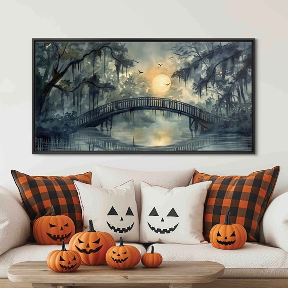 Creaky Old Wooden Bridge Spanning Over Misty Swamp Wall Art Print Moonlit Enchanted Foggy Marsh Flying Bats Ready To Hang