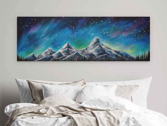 Snowy Mountain Peaks Under Northern Lights Starry Night Panorama Poster
