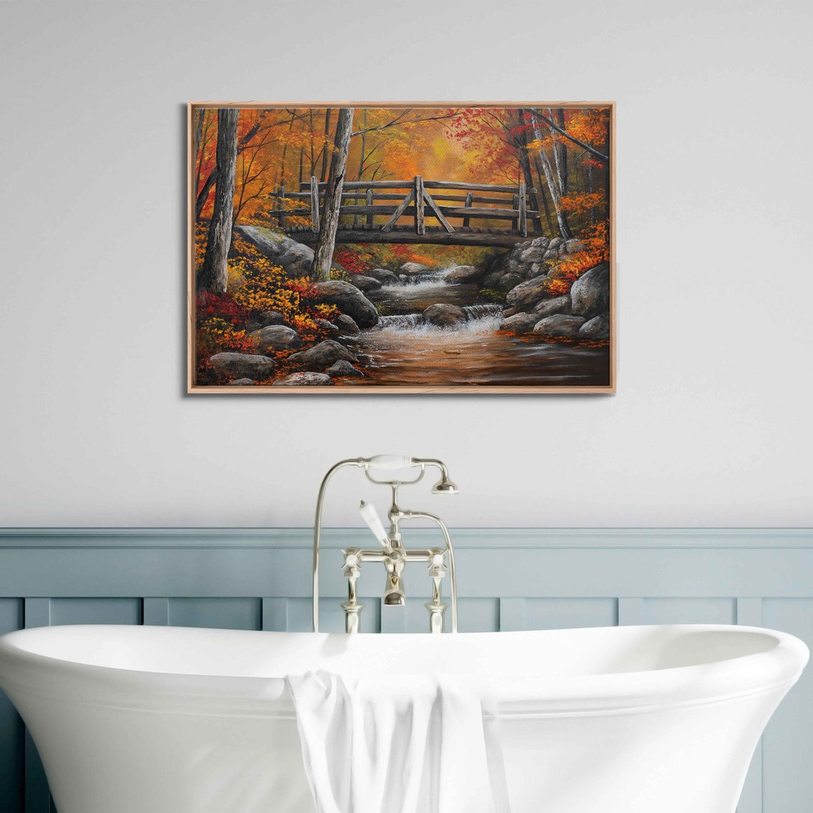 Wooden Bridge Over Boulder Stream In Golden Autumn Forest Art Poster - Image 3