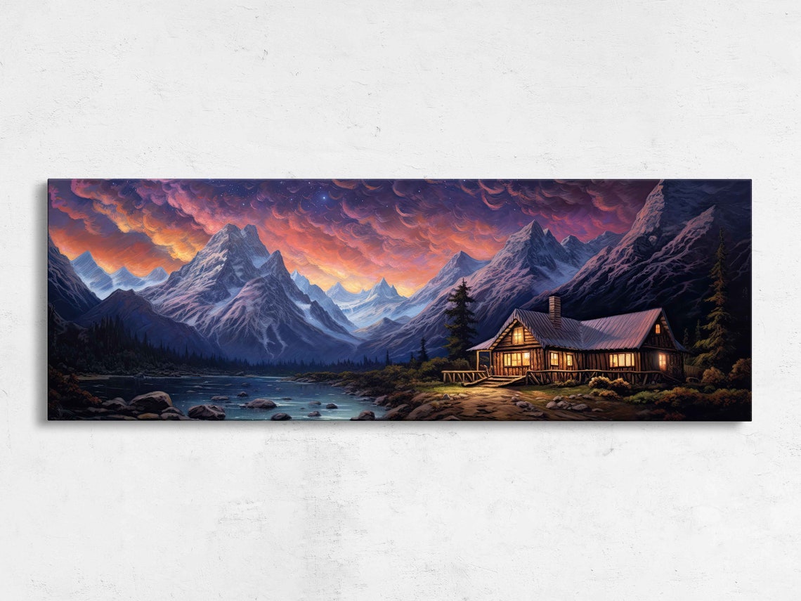 Panoramic Log Cabin by Lake Fiery Sunset Snowy Peaks Mountain Poster