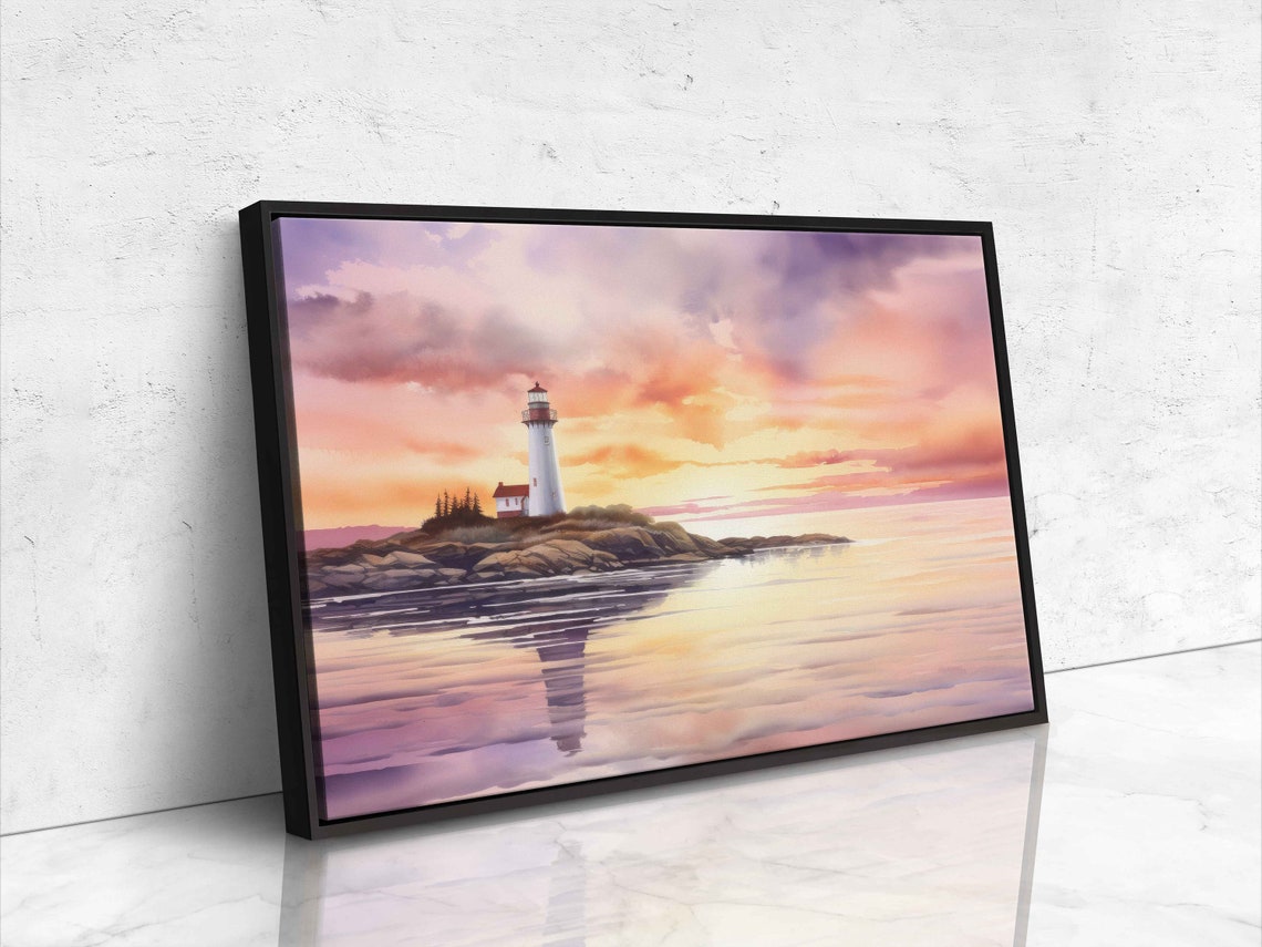 Lighthouse At Sunset Watercolor Calm Sea Rocky Coast Reflection Print - Image 4