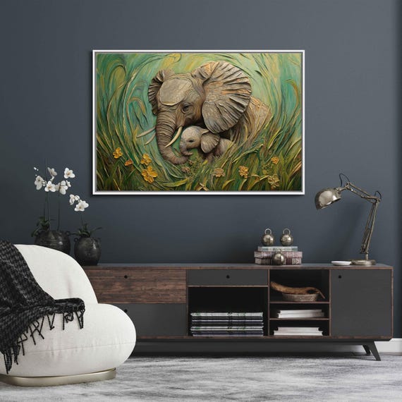 Mother Elephant Nurturing Her Calf Wall Art Print Lush Green Savanna Dynamic Brushwork