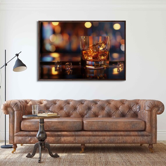 Whiskey Glass On Ice Bar Bokeh Warm Amber Night Photography Poster