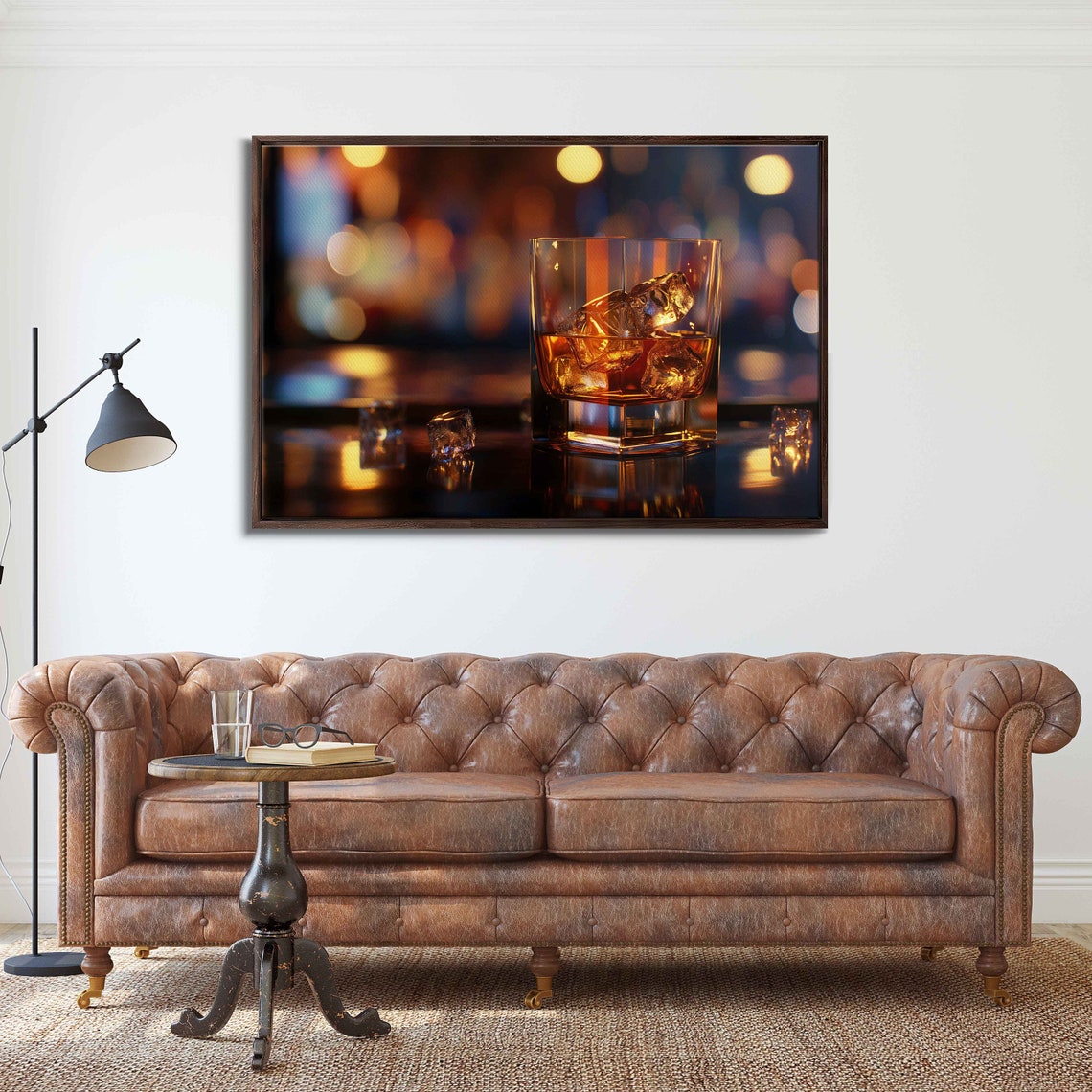 Whiskey Glass On Ice Bar Bokeh Warm Amber Night Photography Poster