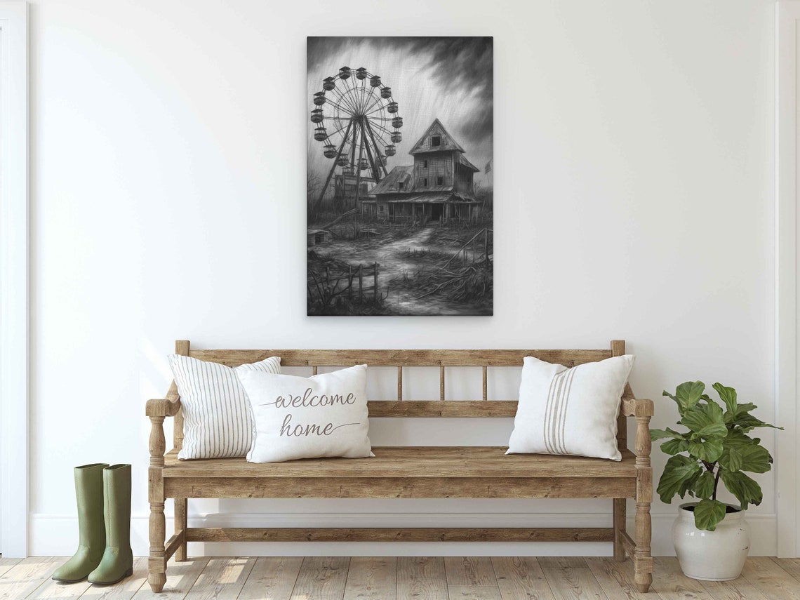 Charcoal Abandoned Ferris Wheel Wall Art Print Old Empty Farmhouse Black And White Ready To Hang - Image 2