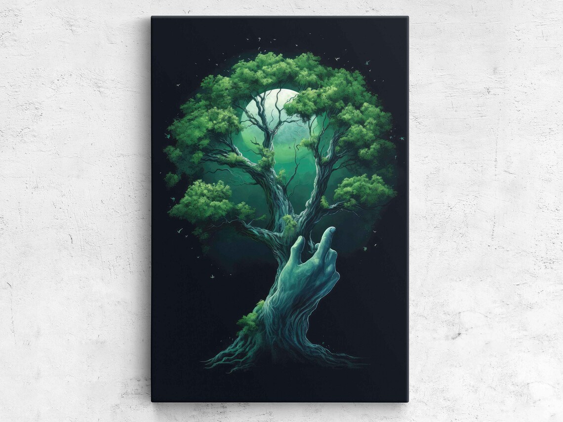 Green Tree Hand Trippy Wall Art Print Framed Ready To Hang