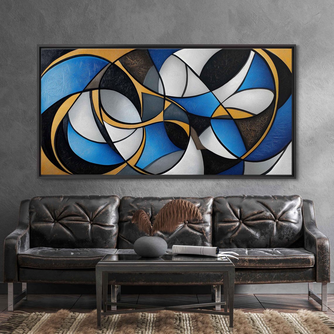 Interlocking Curves Blue Black White Gold Geometric Modern Art Poster