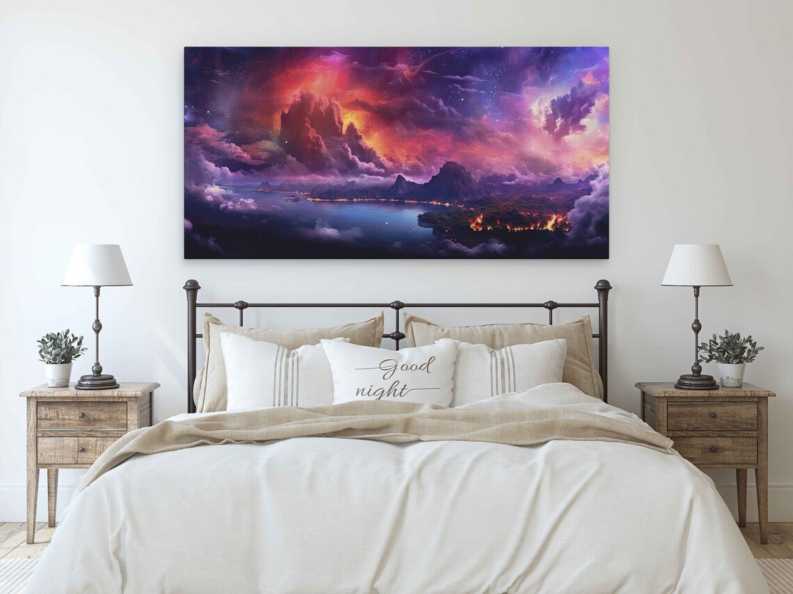 Photorealistic Landscape Print Colorful Night Sky Clouds Forest On Fire Framed Print Ready To Hang - Image 2